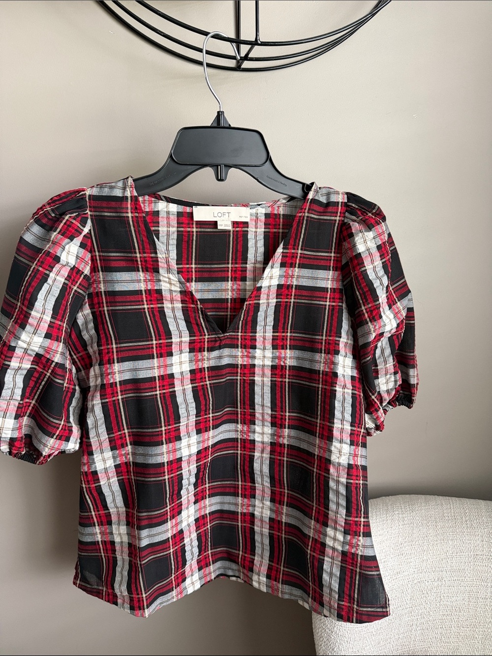 LOFT Red Black and White Plaid V-Neck Puff Sleeve Top